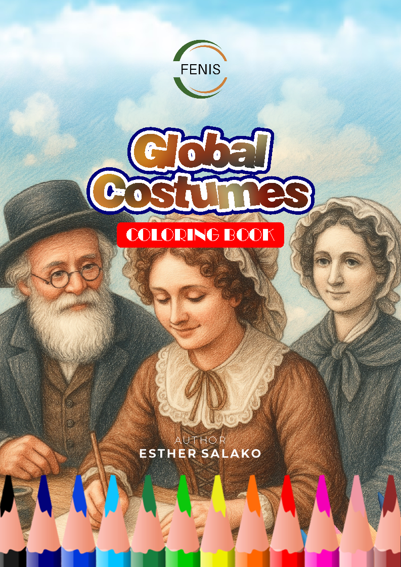 Cover of the Global Costumes Coloring Book showing diverse cultural figures in traditional dress.
