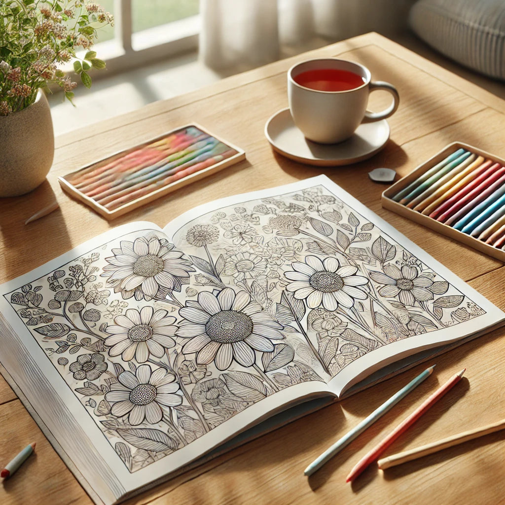 Senior coloring book open to large‑print floral design