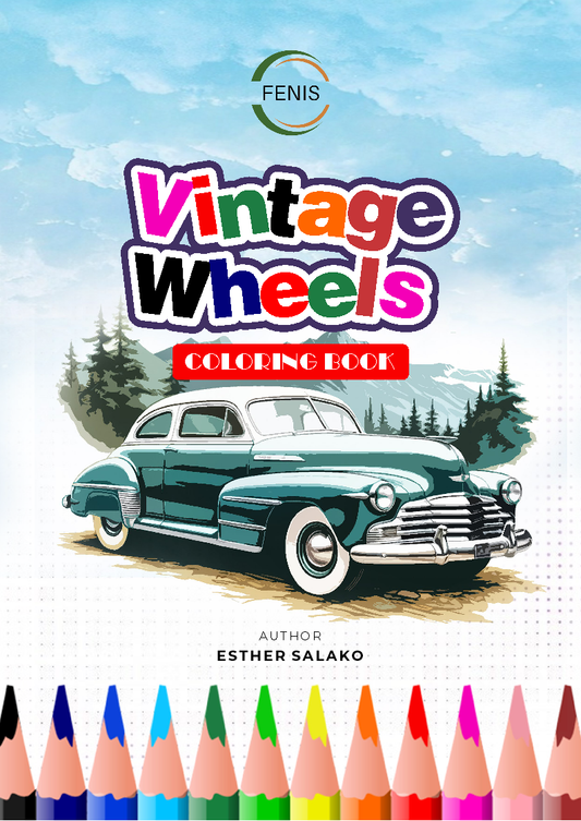 Cover of Vintage Wheels senior‑friendly coloring book showing classic sidecar motorcycle.