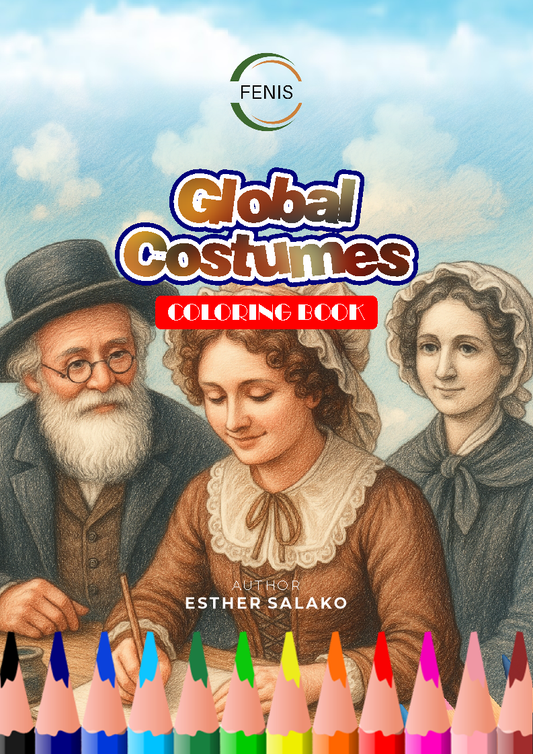 Cover of the Global Costumes Coloring Book showing diverse cultural figures in traditional dress.